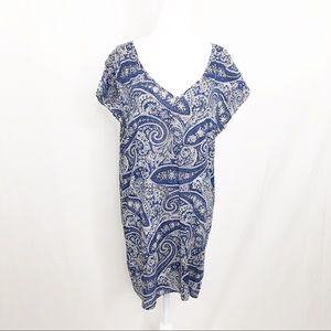 J Crew V Neck Boho Paisley Mini Dress, XS, Blue